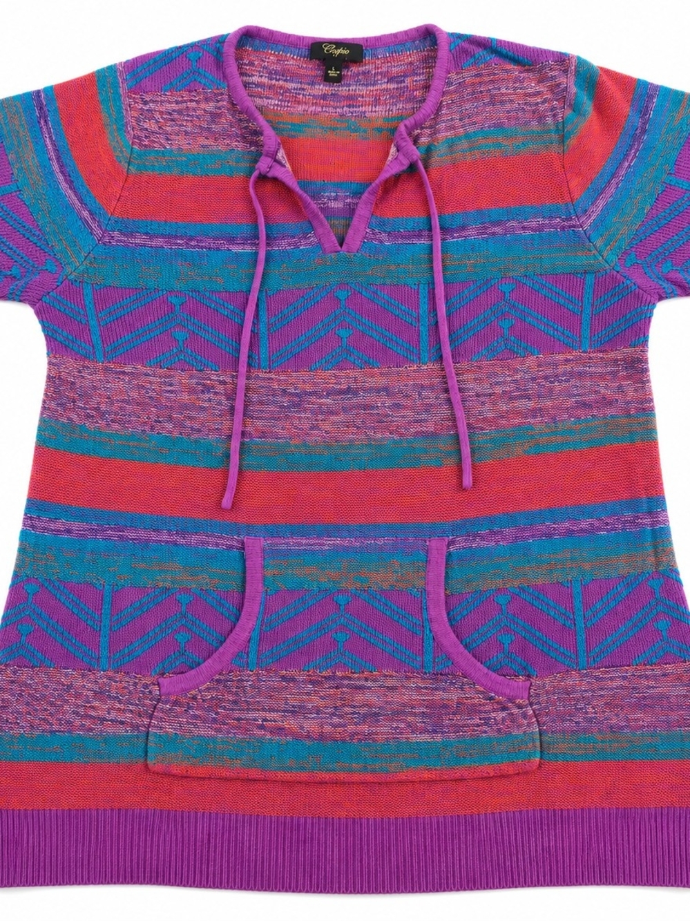 Cupio Womens L Multicolor Geometric Knit Short Sleeve Sweater Kangaroo Pocket